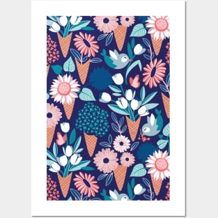 Midsummer I scream flower cones // pattern // navy blue background pink coral and aqua and teal flowers bouquets Posters and Art